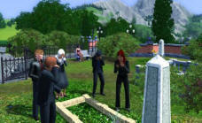 Some Sims mourning next to a grave