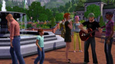 Some Sims near a fountain, including one playing a guitar