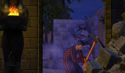A Sim clearing rubble with a pickaxe
