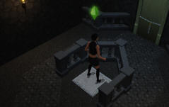 Sim standing on a pressure plate to open a door