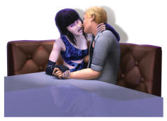 A vampire looking like she is about to feed on another Sim
