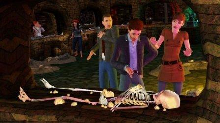Sims looking at a skeleton in a tomb